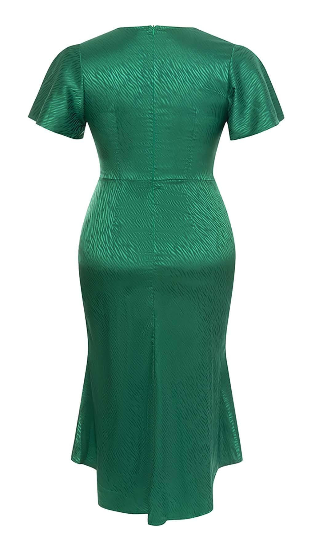 RUFFLE TRIM WRAP MIDI DRESS IN GREEN