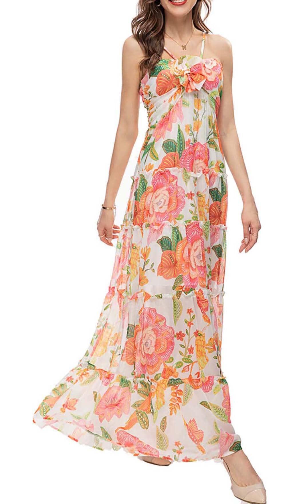 SPAGHETTI STRAP FLORAL PRINT MAXI DRESS