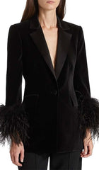 VELVET FEATHER-TRIM JACKET IN BLACK