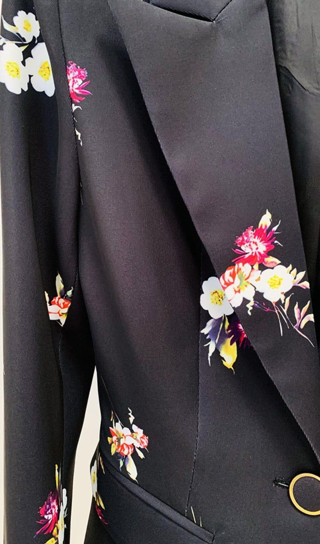 FLORAL PRINT FLARE JACKET SUIT IN BLACK