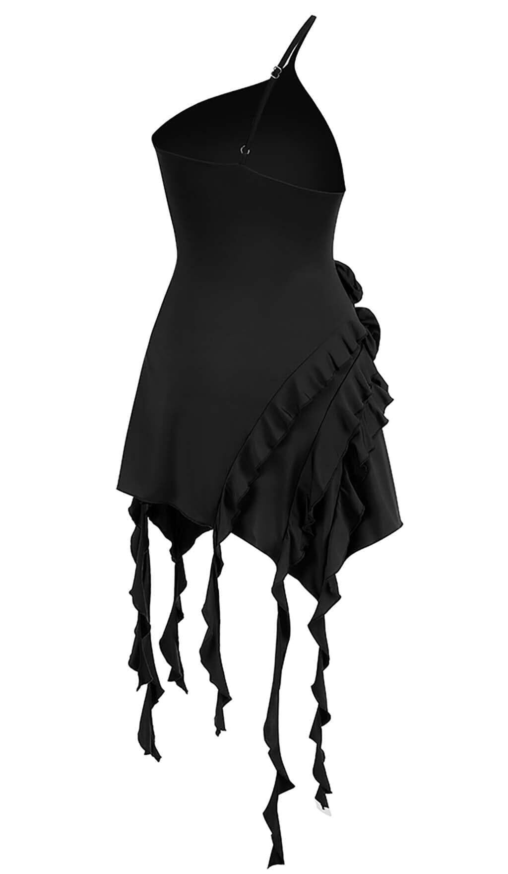 ROSE-DETAIL RUFFLED MINI DRESS IN BLACK