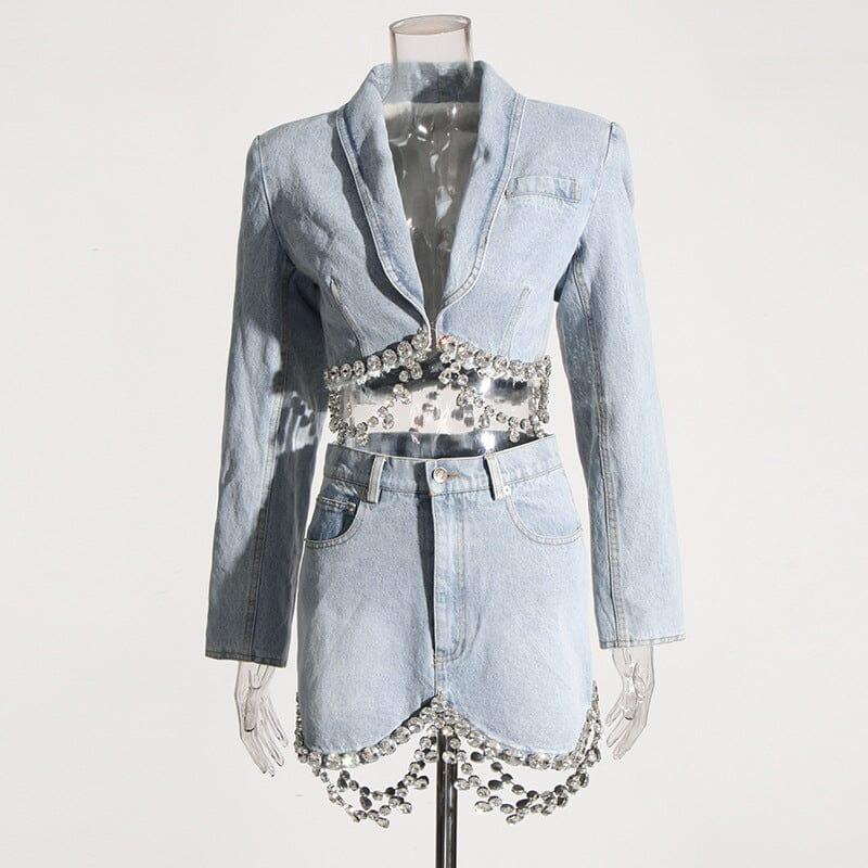 CRYSTAL FRINGE CHAIN DENIM SUIT