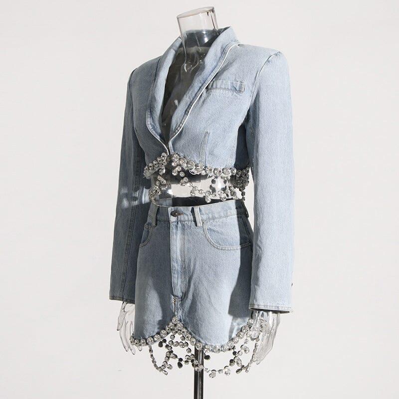 CRYSTAL FRINGE CHAIN DENIM SUIT