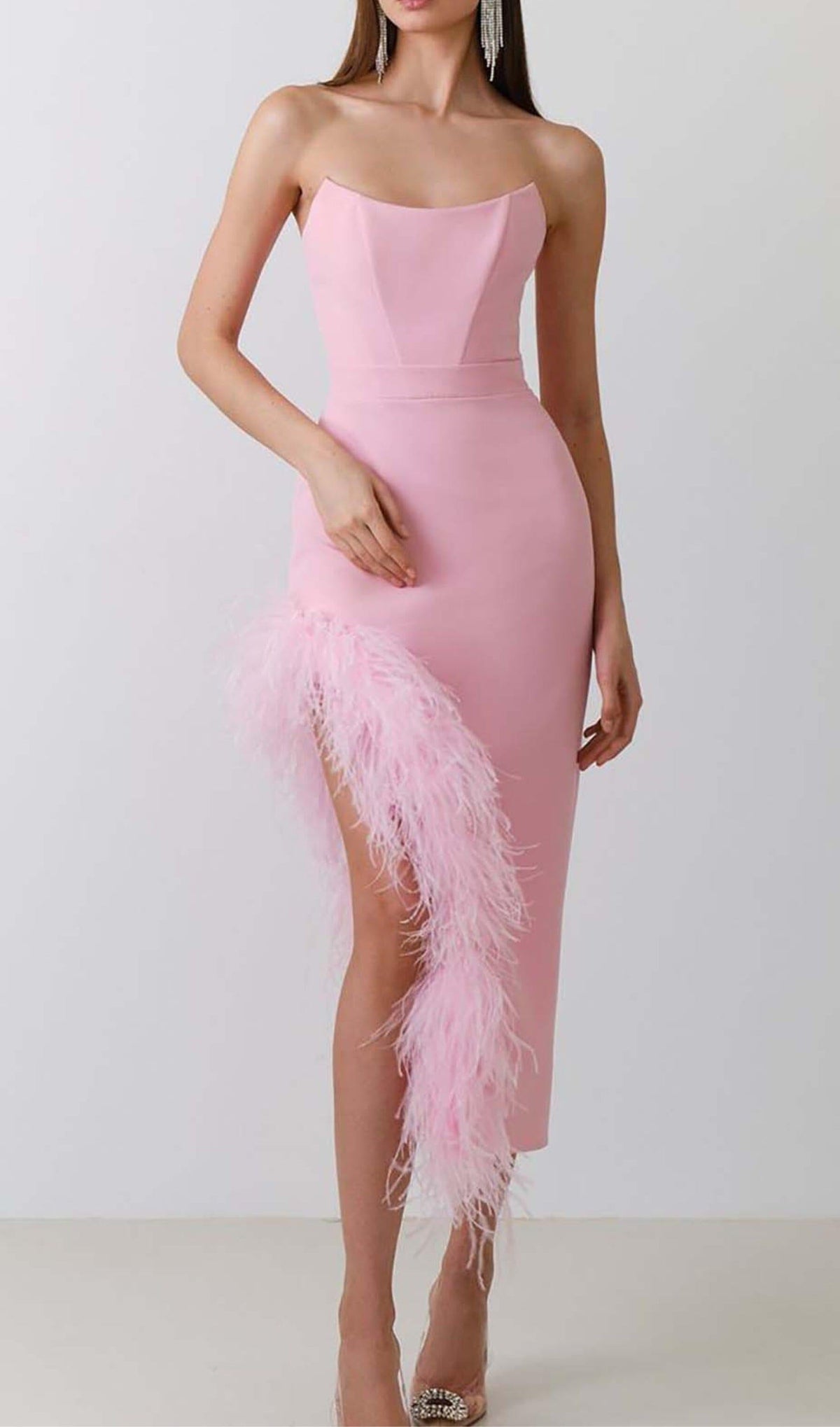 FEATHER TRIM SPLIT MIDI DRESS IN BUBBLEGUM