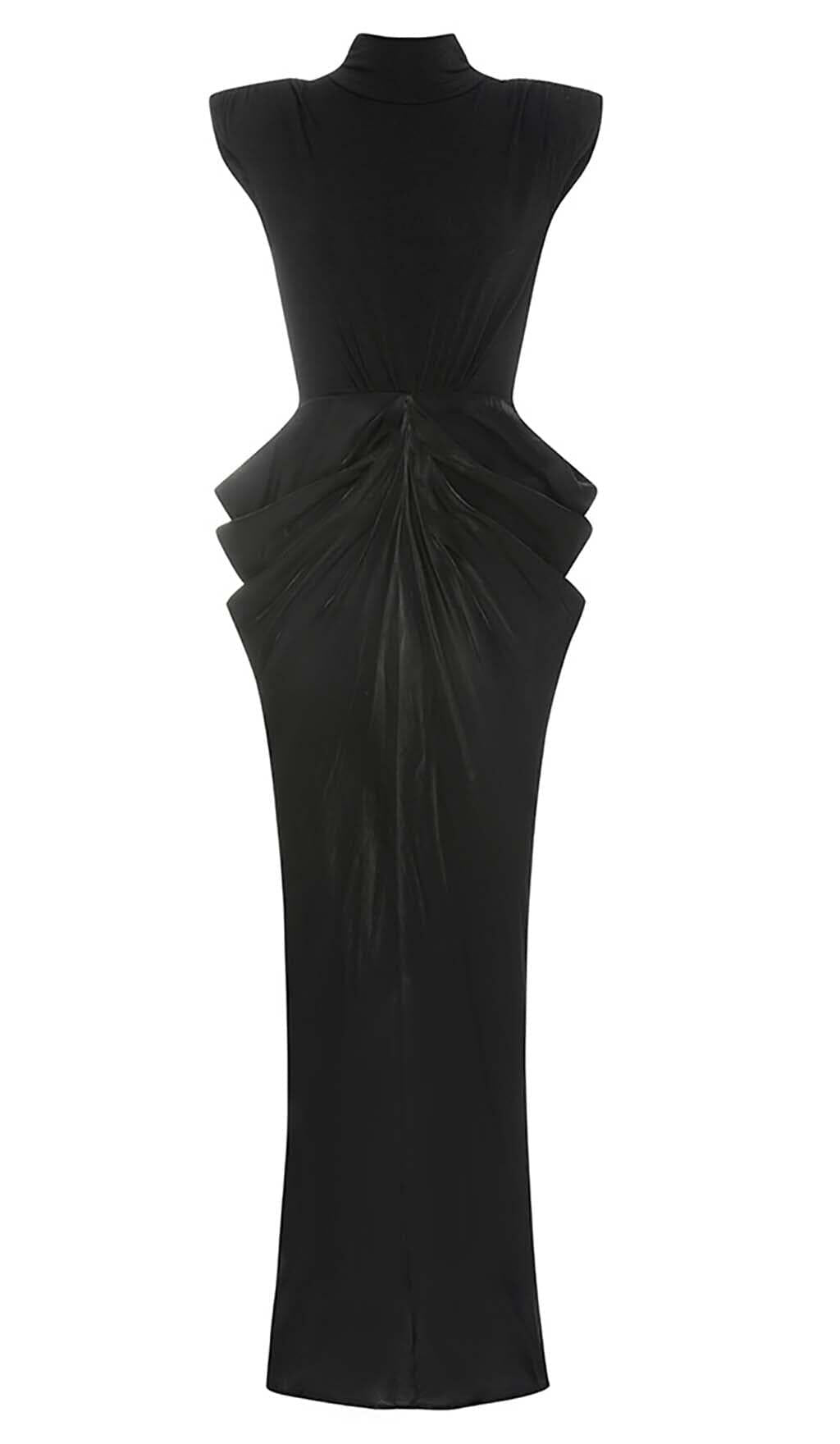 RUCHED OFF SLEEVE MAXI DRESS IN BLACK