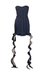 STRAPLESS DRAPED RUFFLE DENIM DRESS