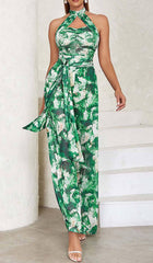 TIE FRONT HALTER NECK BACKLESS JUMPSUIT IN GREEN