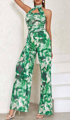 TIE FRONT HALTER NECK BACKLESS JUMPSUIT IN GREEN