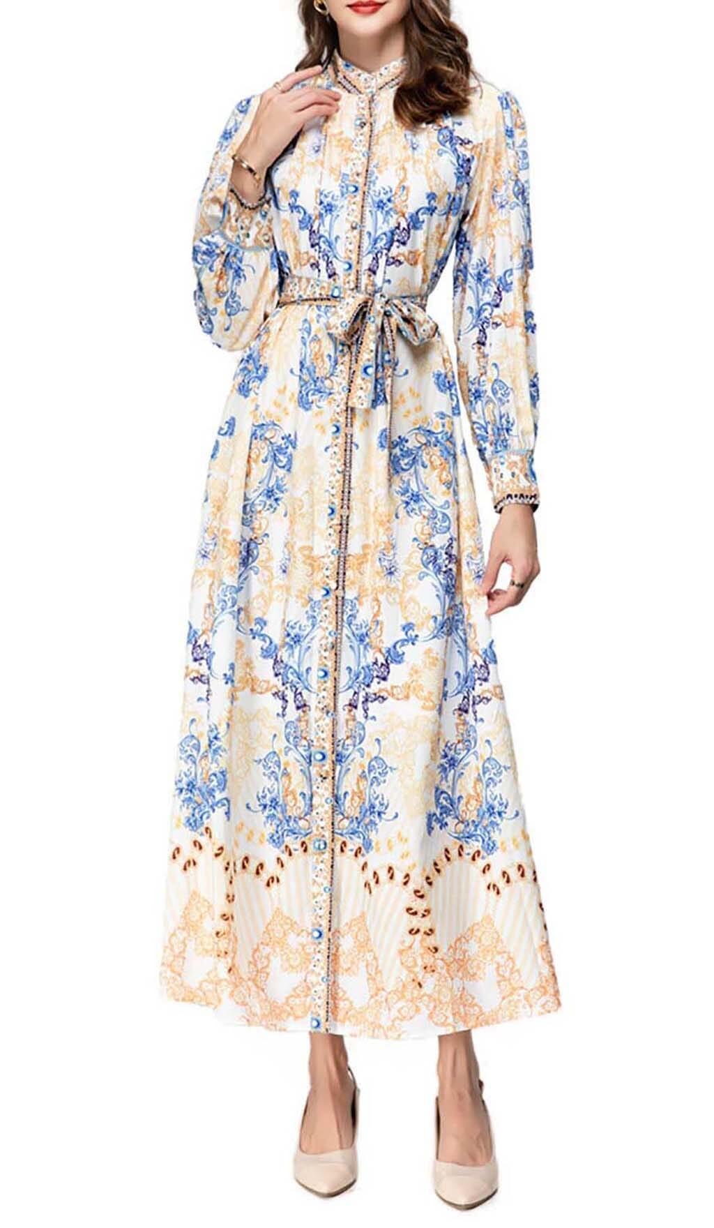 VINTAGE FLORAL FULL PRINTING MAXI DRESS