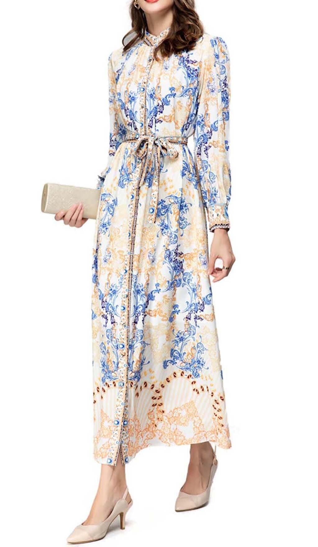 VINTAGE FLORAL FULL PRINTING MAXI DRESS