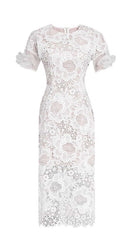 LACE HOLLOW EMBROIDERY A LINE MIDI DRESS IN WHITE