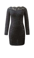 LACE STITCHING GLITTER MINI DRESS IN BLACK