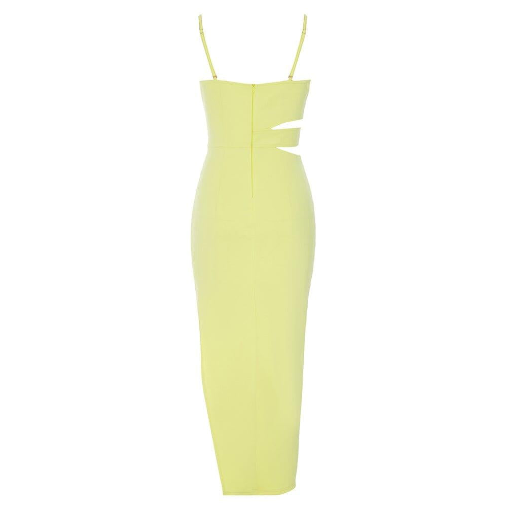 SATIN  CUT OUT V NECK MIDI DRESS IN YELLOW