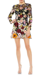 LONG SLEEVE MESH FLOWER MINI DRESS IN BLACK