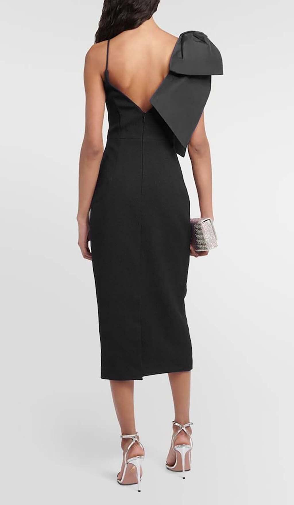 PLUNGING NECKLINE BOW MIDI DRESS IN BLACK