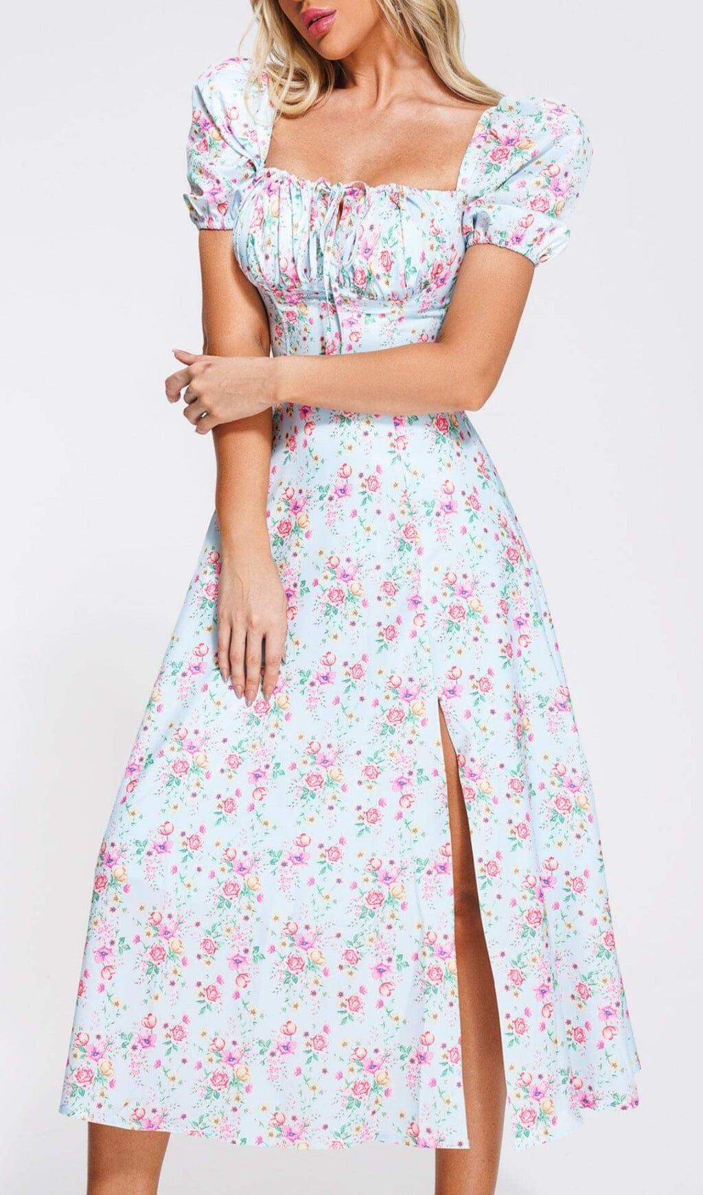 PUFF SLEEVE FLORAL MIDI DRESS