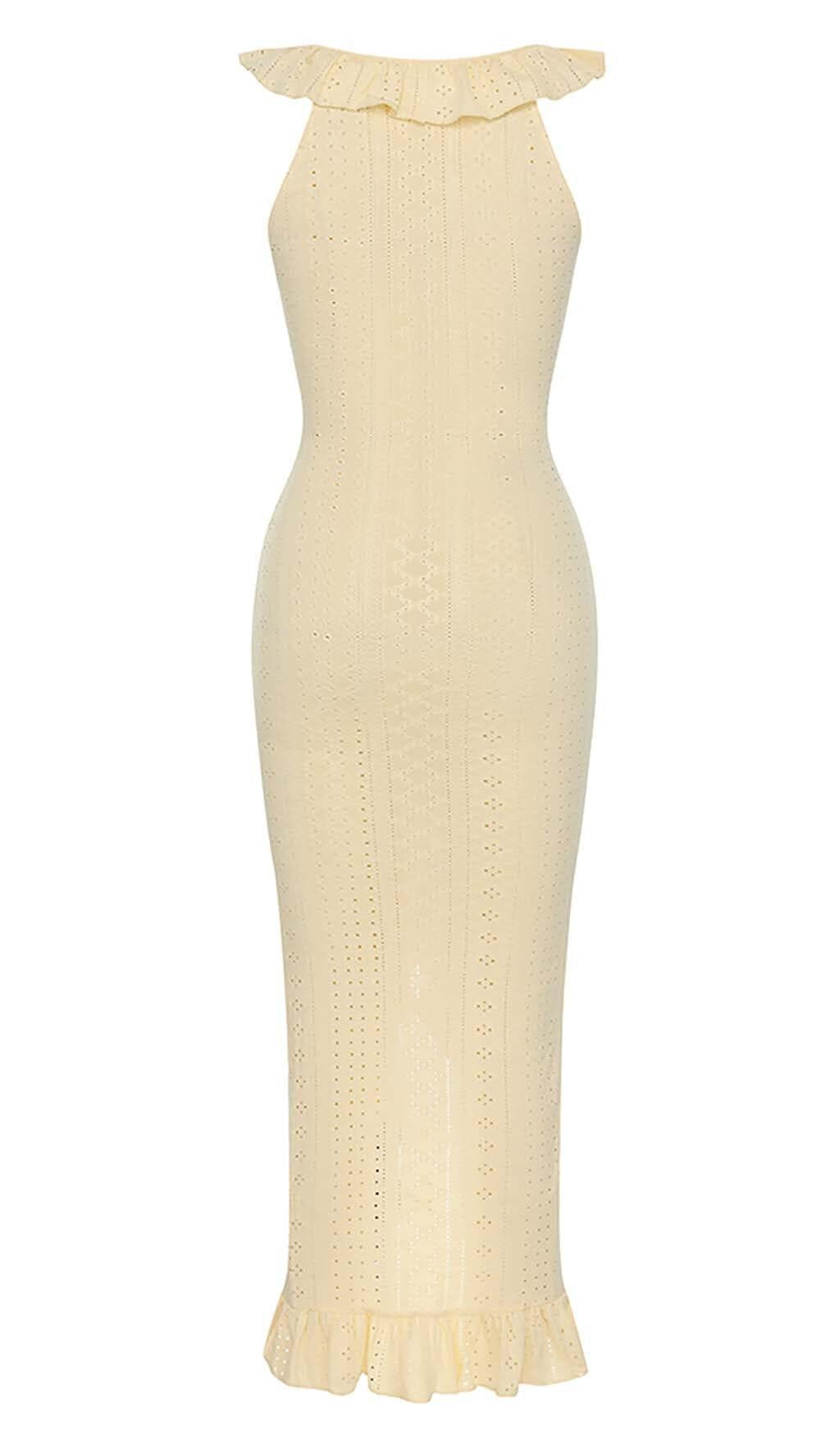 RUCHED RUFFLE TRIM MIDI DRESS
