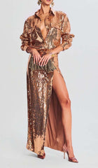 THIGH SLIT GLITTER MAXI DRESS IN METALLIC GOLD