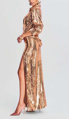 THIGH SLIT GLITTER MAXI DRESS IN METALLIC GOLD