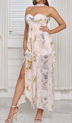 ALLOVER PRINT SPLIT THIGH BACKLESS DRESS