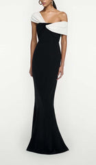 ASYMMETRIC OFF-THE-SHOULDER MAXI DRESS IN BLACK