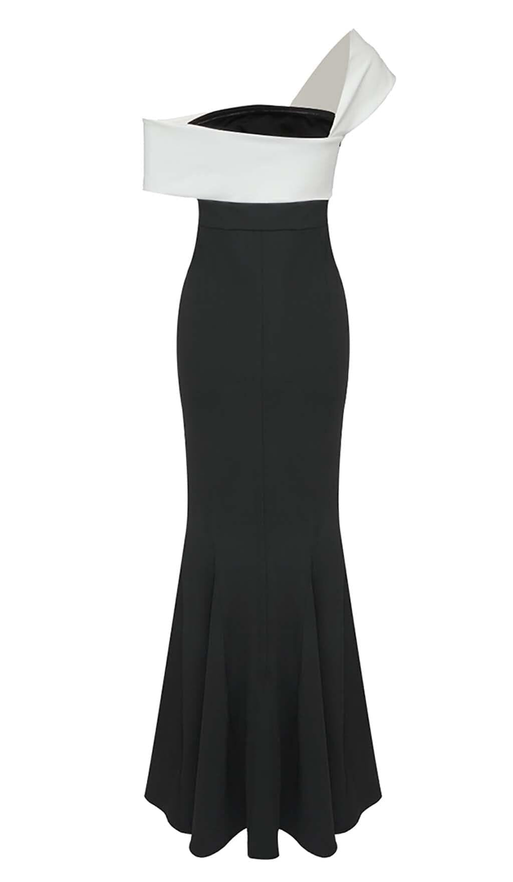 ASYMMETRIC OFF-THE-SHOULDER MAXI DRESS IN BLACK