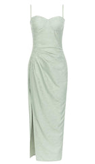 DRAPED LINEN MIDI DRESS IN LIGHT GREEN