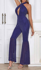 HALTER NECK BACKLESS FLARE LEG JUMPSUIT