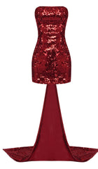 STRAPLESS SEQUIN MINI DRESS IN WINE RED