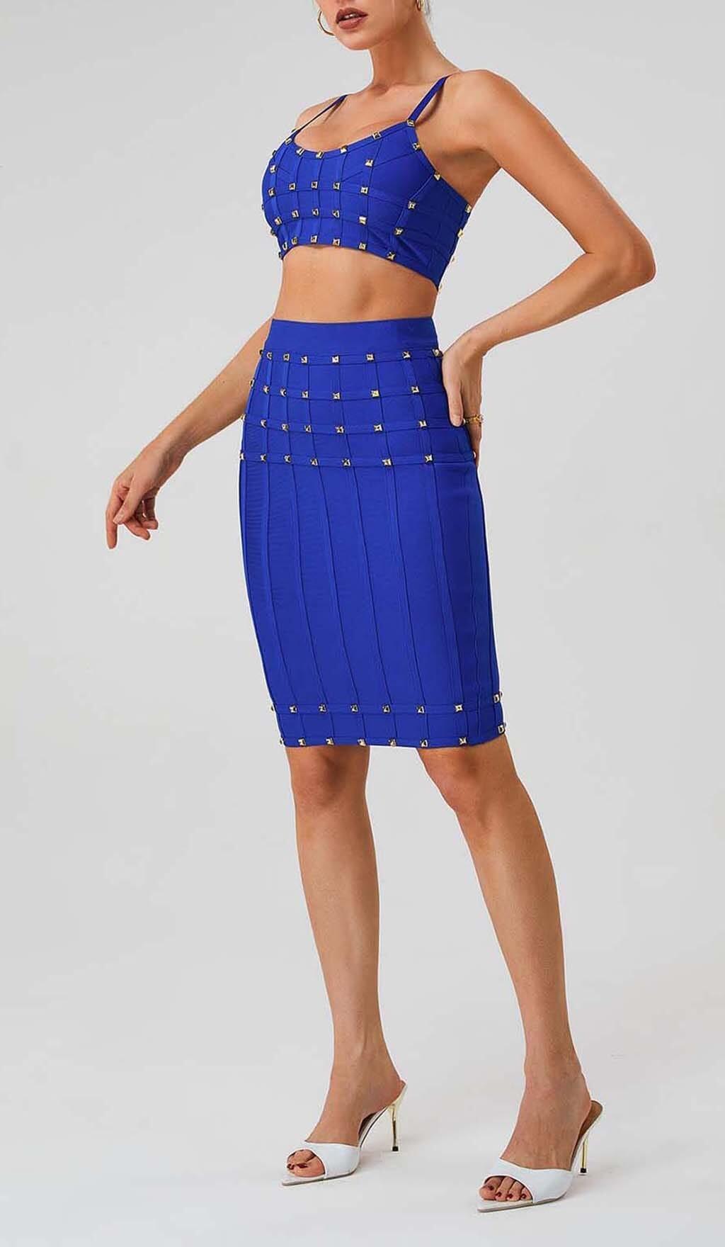 STUDDED STRAP SLEEVELESS TWO PIECE SET IN BLUE