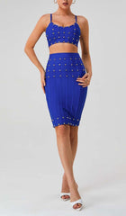 STUDDED STRAP SLEEVELESS TWO PIECE SET IN BLUE