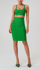 STUDDED STRAP SLEEVELESS TWO PIECE SET IN GREEN