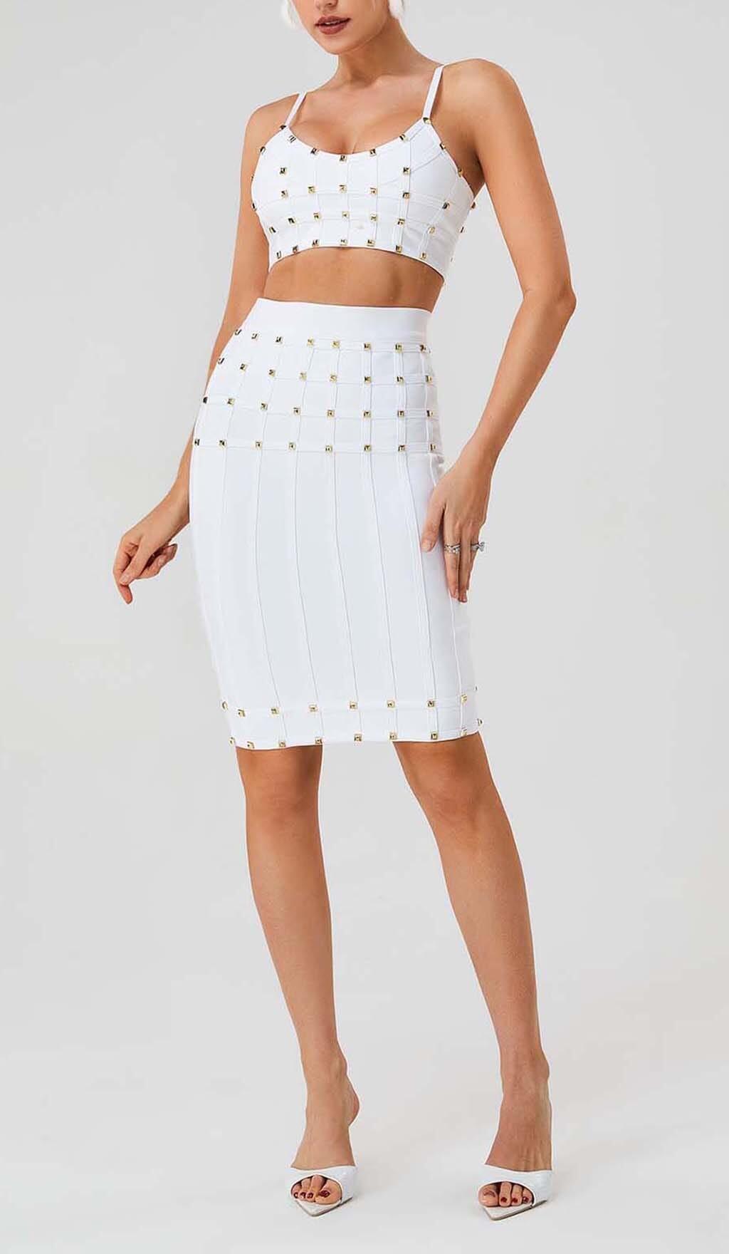 STUDDED STRAP SLEEVELESS TWO PIECE SET IN WHITE