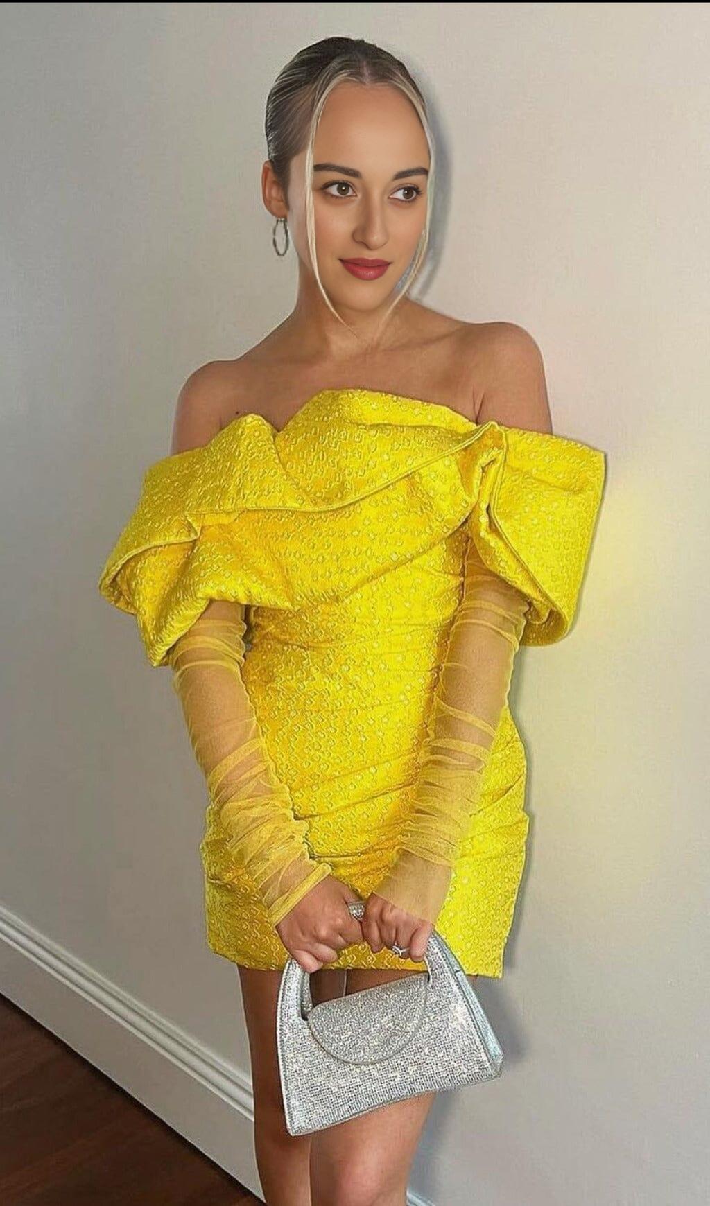 YELLOW OFF SHOULDER RUCHED MESH MINI DRESS