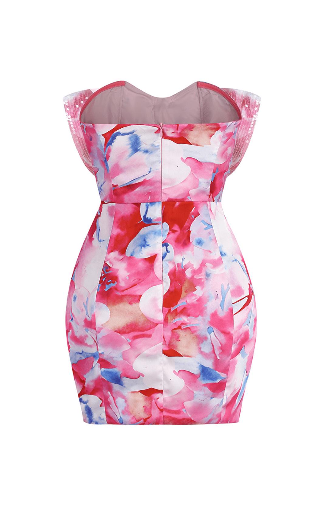 STRAPLESS LARGE BOW DECORATED PRINTED HIP MINI DRESS