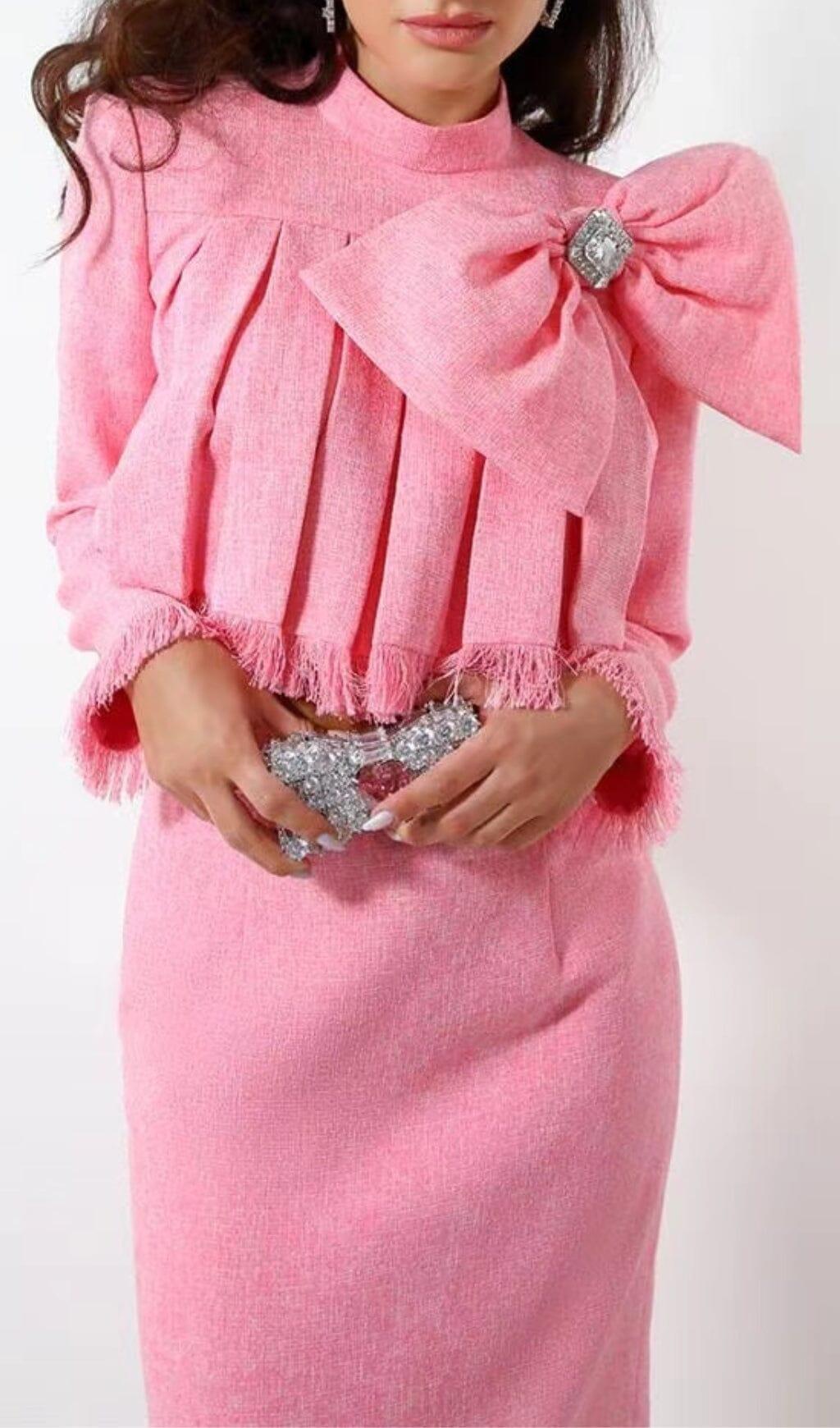 TWEED BOW EMBELLISHED SET IN PINK