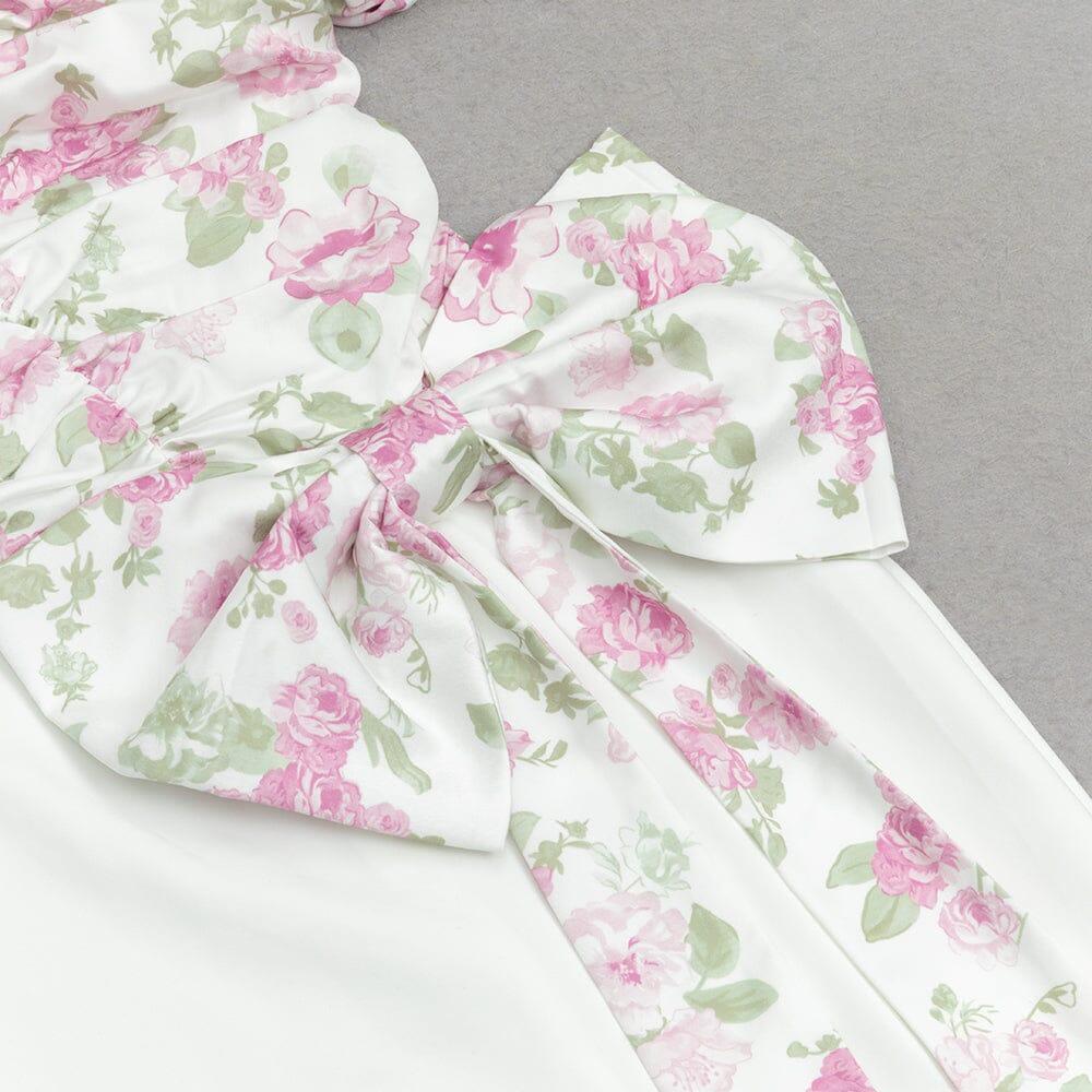 V-NECK PRINTED PUFF SLEEVES GATHERED BOW DRESS