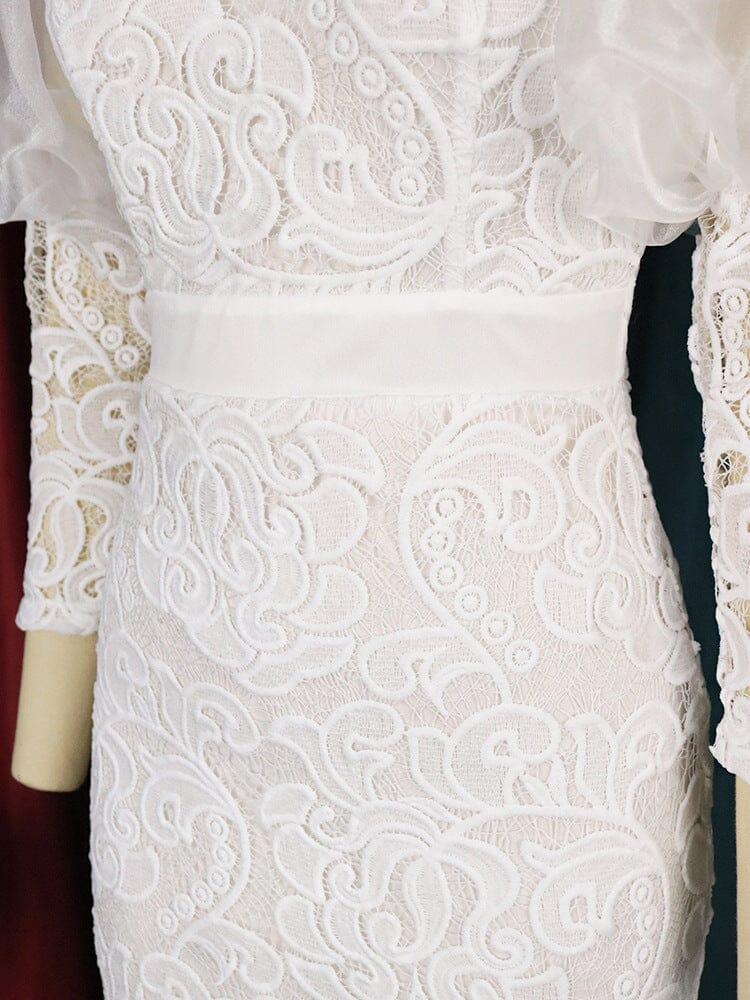 WHITE PUFF SLEEVE LACE MIDI DRESS