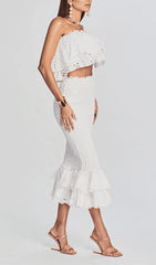 WHITE RUFFLES SKEW COLLAR TOPS & HIGH WAIST MIDI DRESS TWO PIECE SET