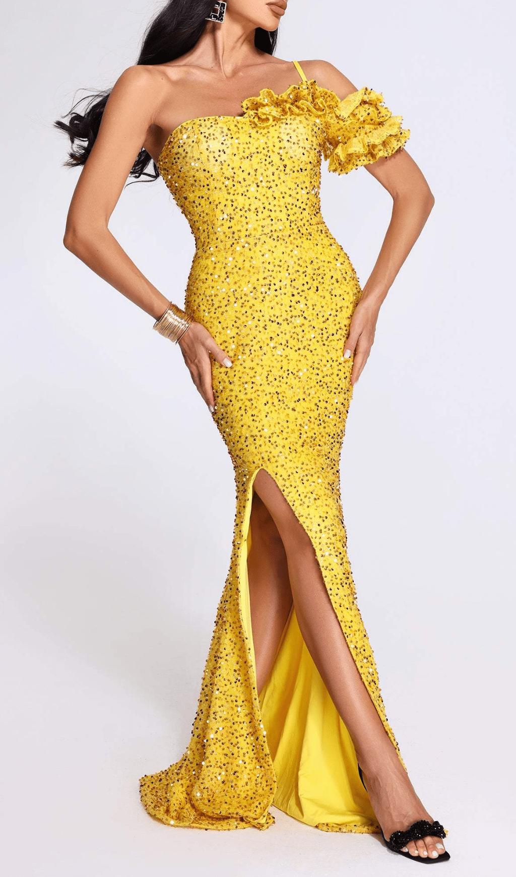 YELLOW ONE SHOULDER SEQUINED SLIT MAXI DRESS