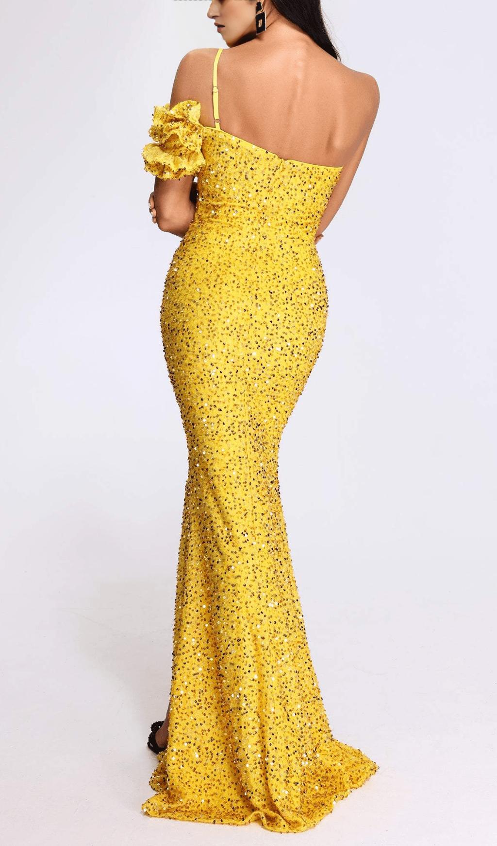 YELLOW ONE SHOULDER SEQUINED SLIT MAXI DRESS