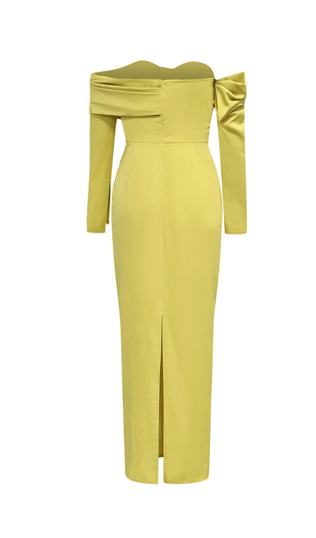 YELLOW ONE-SHOULDER STRAPLESS LONG-SLEEVED PLEATED MAXI DRESS