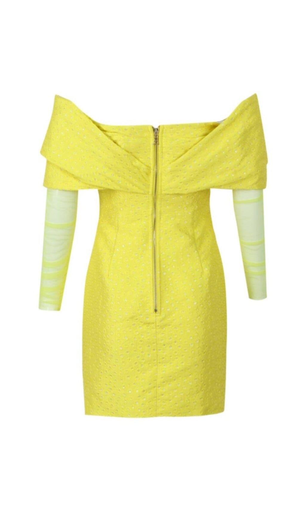 YELLOW OFF SHOULDER RUCHED MESH MINI DRESS