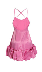 STRAPLESS HALTER SATIN MINI DRESS IN PINK