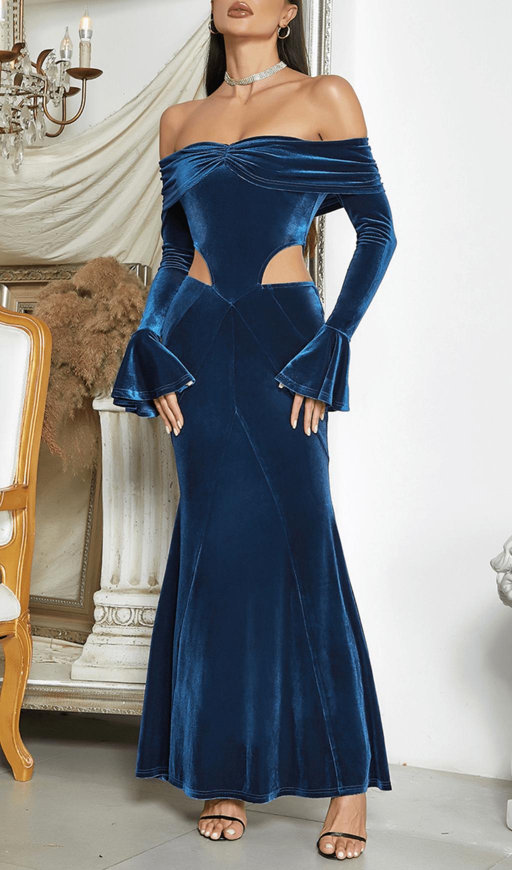 ONE-SHOULDER LONG-SLEEVED HOLLOW RUFFLED MAXI DRESS