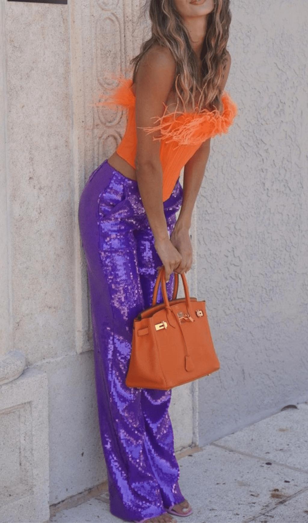 ORANGE FEATHER TUBE TOP & PURPLE SEQUINED TROUSERS TWO-PIECE SUIT