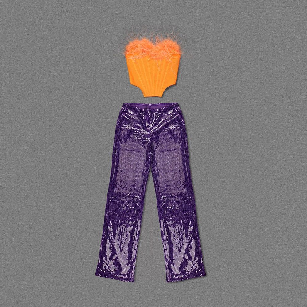 ORANGE FEATHER TUBE TOP & PURPLE SEQUINED TROUSERS TWO-PIECE SUIT