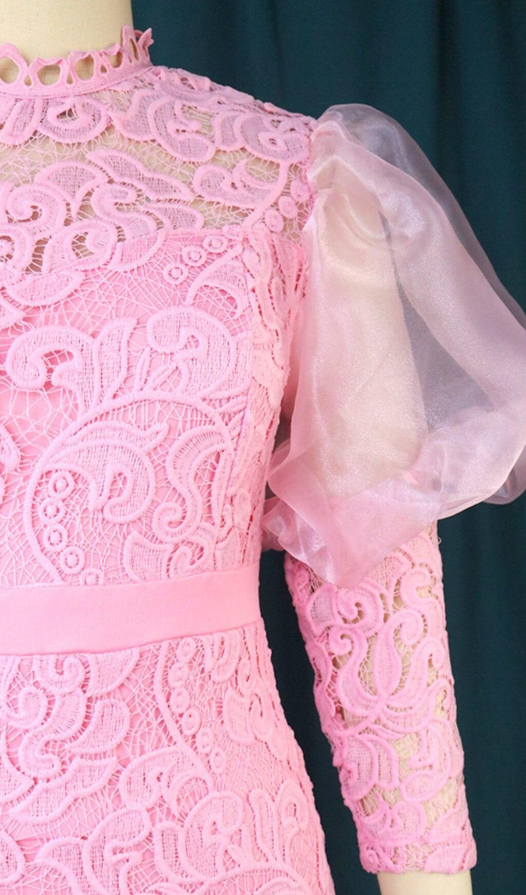 PINK PUFF SLEEVE LACE MIDI DRESS