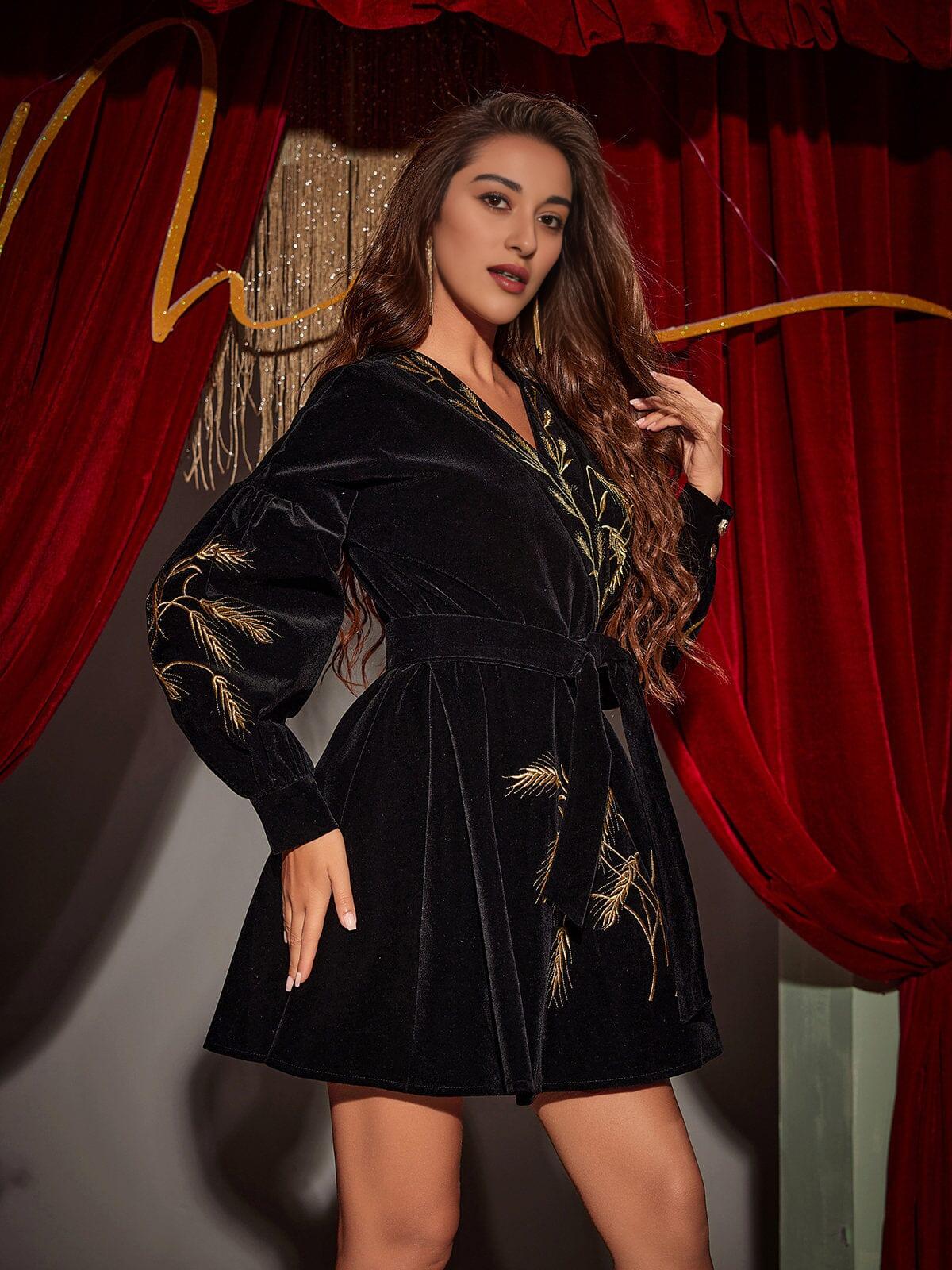 PLANTS EMBROIDERED VELVET COAT DRESS