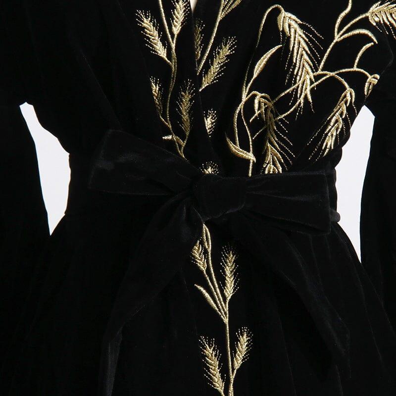 PLANTS EMBROIDERED VELVET COAT DRESS